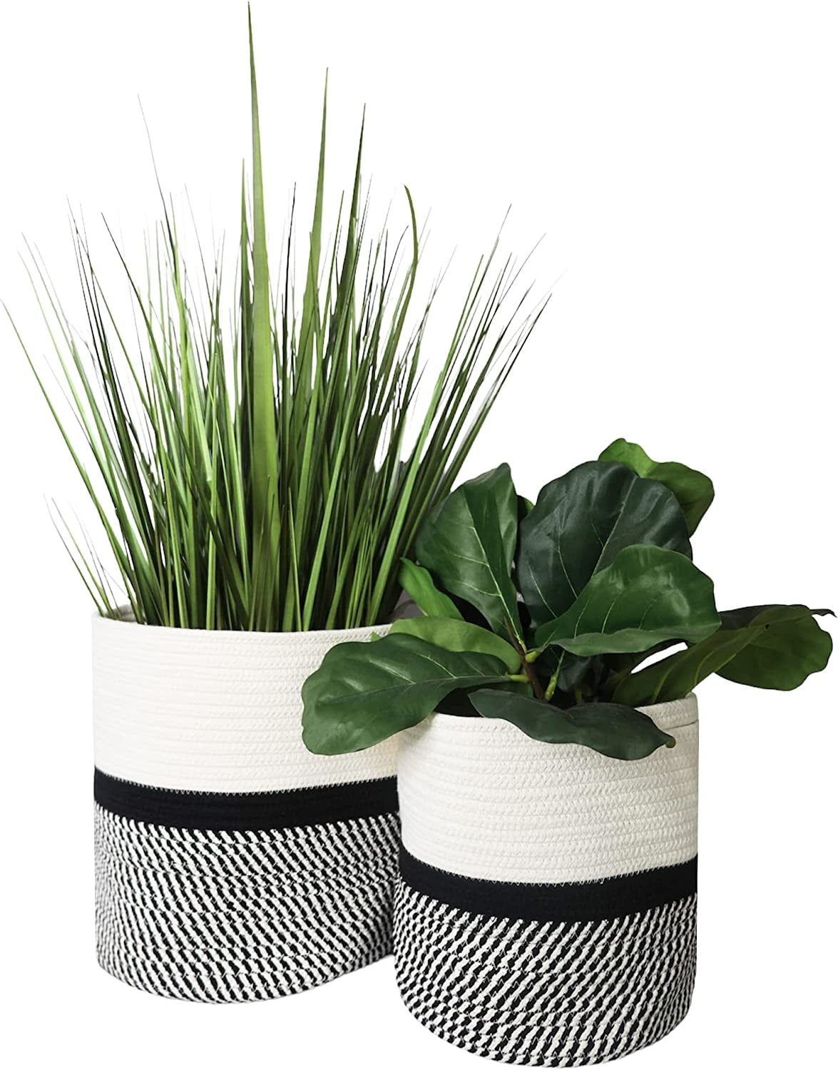 omh ORGANIZE MY HOME Decorative Baskets for Plants| 9- & 11-inch Pots for Indoor Plants | Floor Planter Pot Cover | Rope Plant Basket for Indoor (Small 9" Round, Ivory/Black)