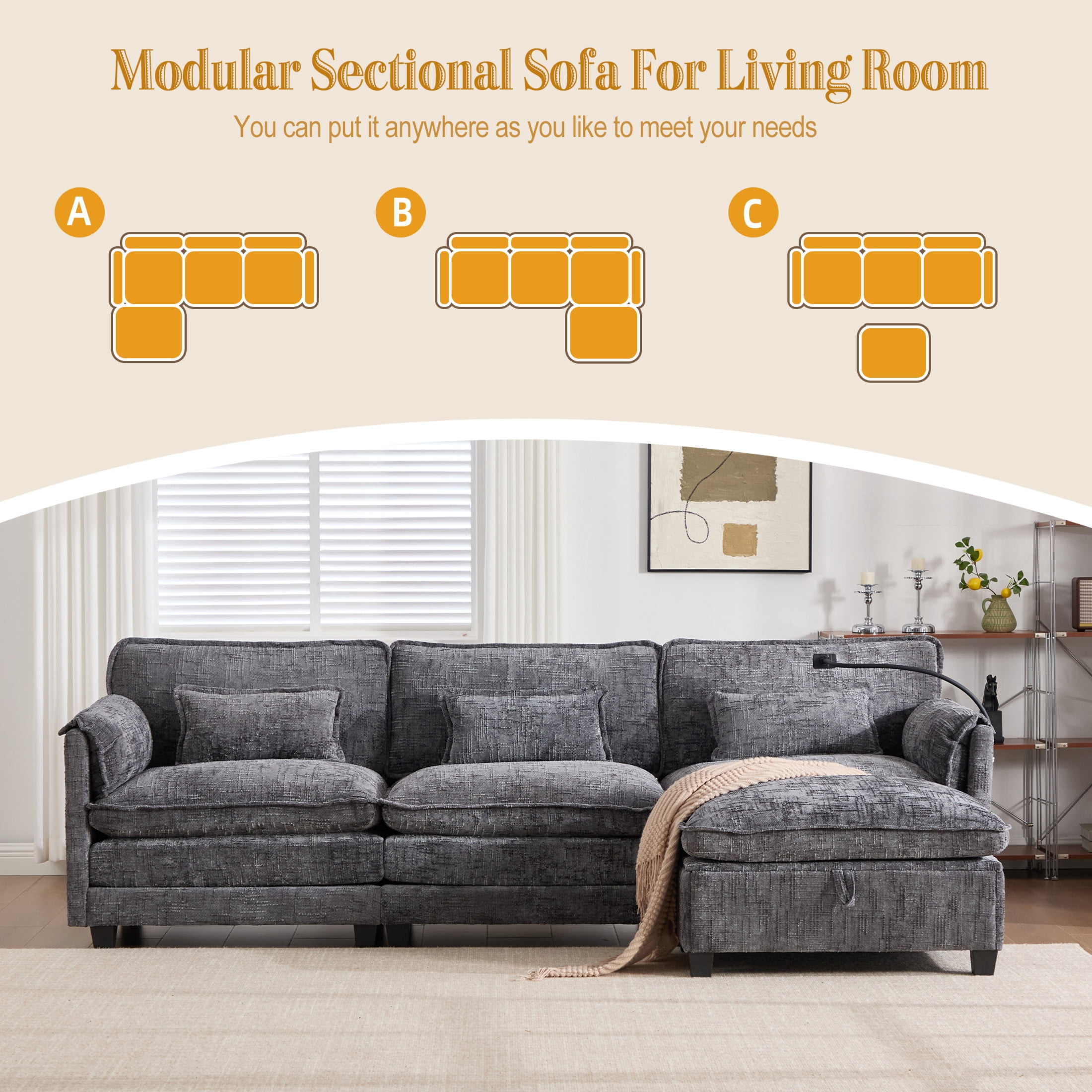 Noble House Modern 112" Oversized L-Shape Sectional Sofa, Chenille Cloud Couch with Modular Storage Ottoman, Gray