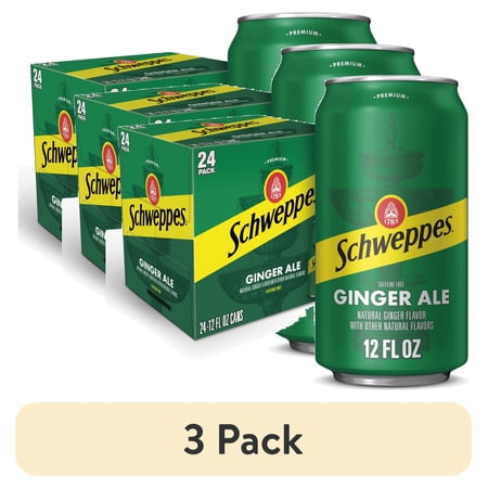 (3 pack) Schweppes Caffeine Free Ginger Ale Soda Pop, 12 fl oz, 24 Pack Cans
