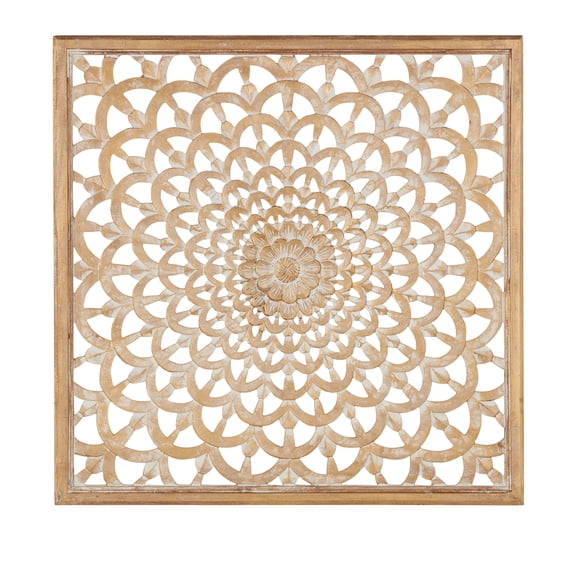 DecMode Traditional Carved Wood Floral Patterned Wall Décor with Brown/White Distressed Finish, 36"W x 36"H