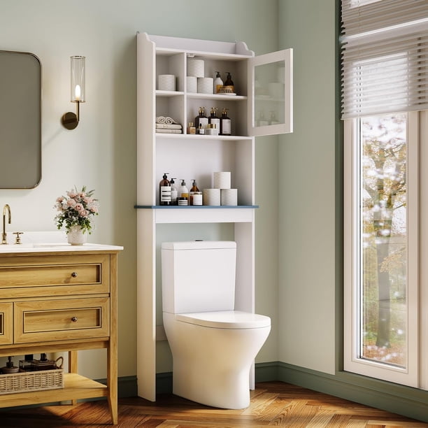 Yeshouse Organizador de baño sobre inodoro con estante ajustable, puertas de vidrio y dispositivo antivuelco, gabinete ahorrador de espacio para baño y lavadero
