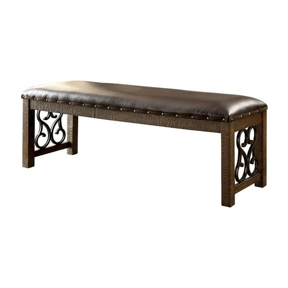 Bowery Hill Transitional Faux Leather Padded Dining Bench in Rustic Walnut