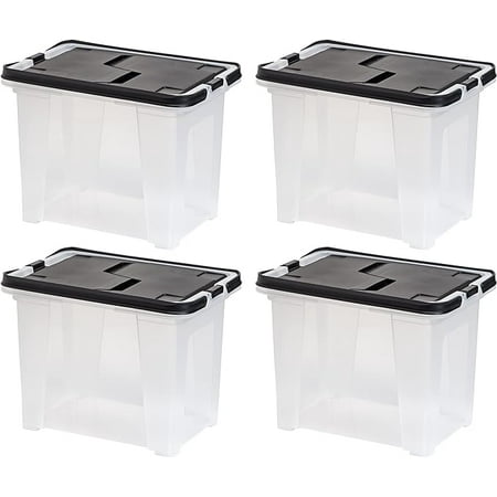 IRIS USA  Inc. WHFB-24 Wing-Lid File Box with Handle  Clear/Black  4 Pack Set By IRIS USA Inc