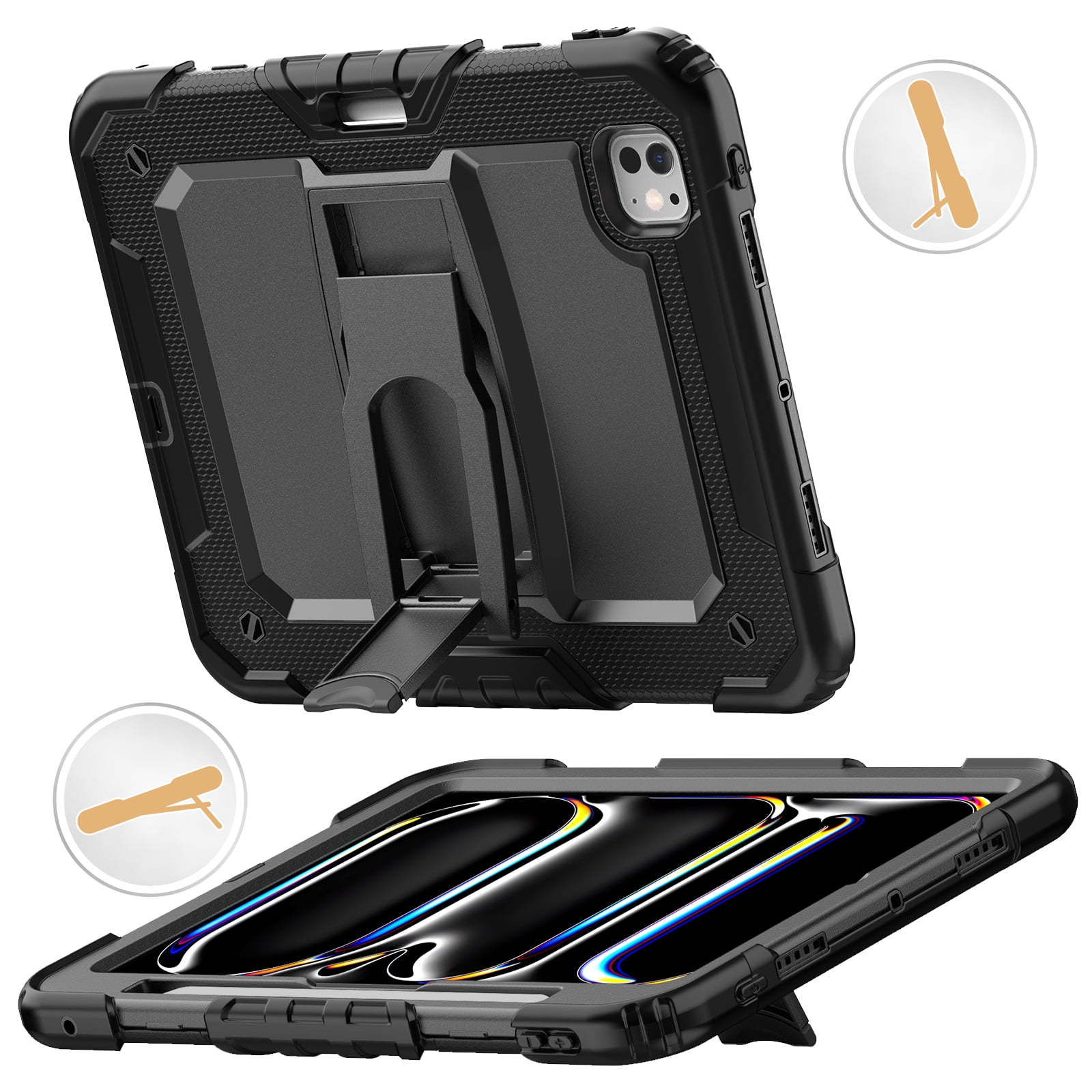 Rugged Case For Apple iPad Pro 11 (2024) – 3-Layer Protection Shockproof Stand Cover with Screen Protector, Adjustable Stand, Shoulder Strap, & Pencil Holder -- Black