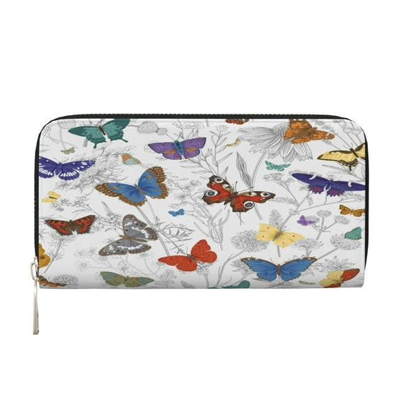 Leather Zipper Pocket Hand Wallet For Women And Men Travel Leather Purse Large Capacity Credit Card Holder Safari Butterflies Wild Rustic Flowers Pattern White