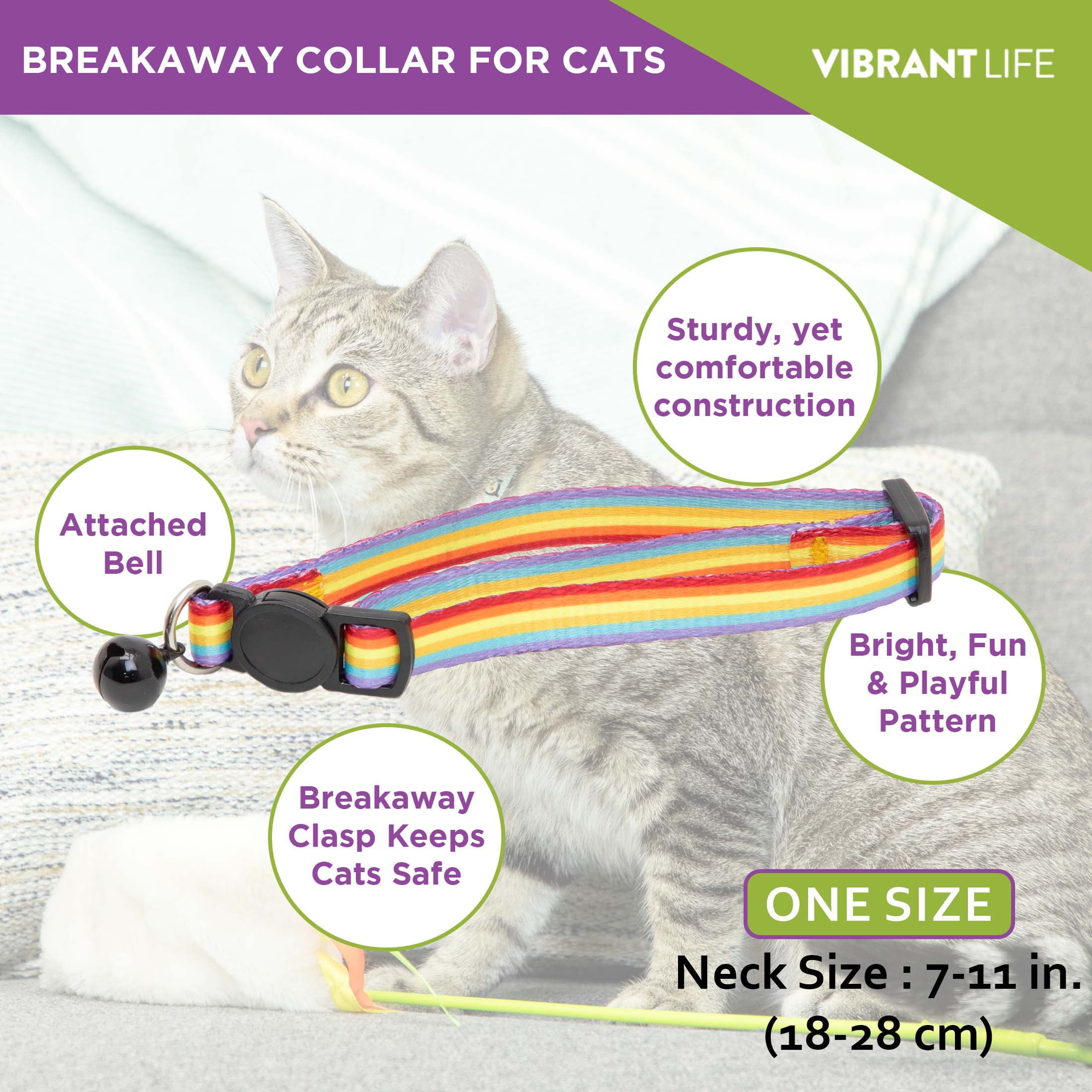 Vibrant Life 2-Pack Cat Collar, Multi Color Rainbow Stripe, and Solid Blue, One Size