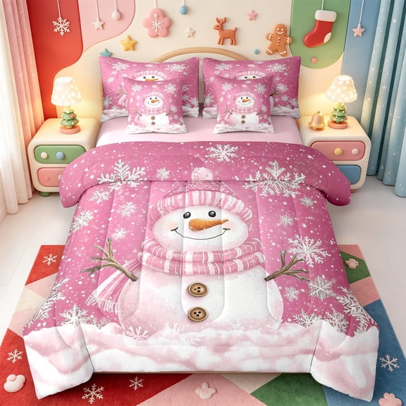 Manfei Xmas Holiday Season 7-Piece Twin Bedding,Cute Christmas Elf Bedding Comforter Set,Pink Reversible