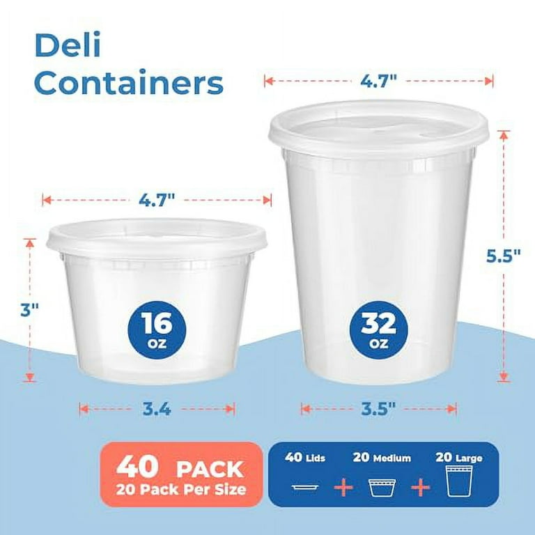 Fit Meal Prep Food Storage Containers with Lids Round Plastic Deli Cups 16 and 32 oz Cup Pint Quart Size Leak Proof Airtight Microwave
