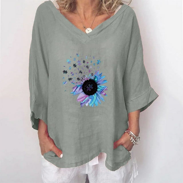 Hauts d'Été pour Femmes Mode Féminine T-shirt Imprimé Tournesol Coton Chanvre Manches 3/4 Blouse Col Rond Hauts Décontractés Grande Taille pour Femmes Été en Liquidation