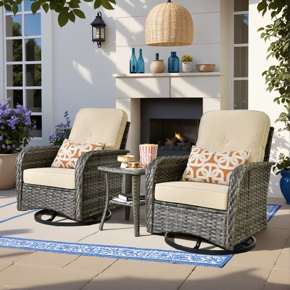 Vcatnet Outdoor Swivel Gliders Set of 2 with Side Table, 3 Pieces Outdoor Patio Furniture Wicker Swivel Rocking Chairs, Swivel Rocker Patio Chairs Set, Beige
