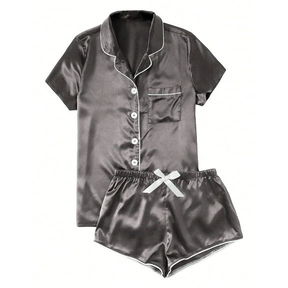 BeaUTT Pajamas for Women Shorts Women's Satin Casual Home Button Pajama Set Black S