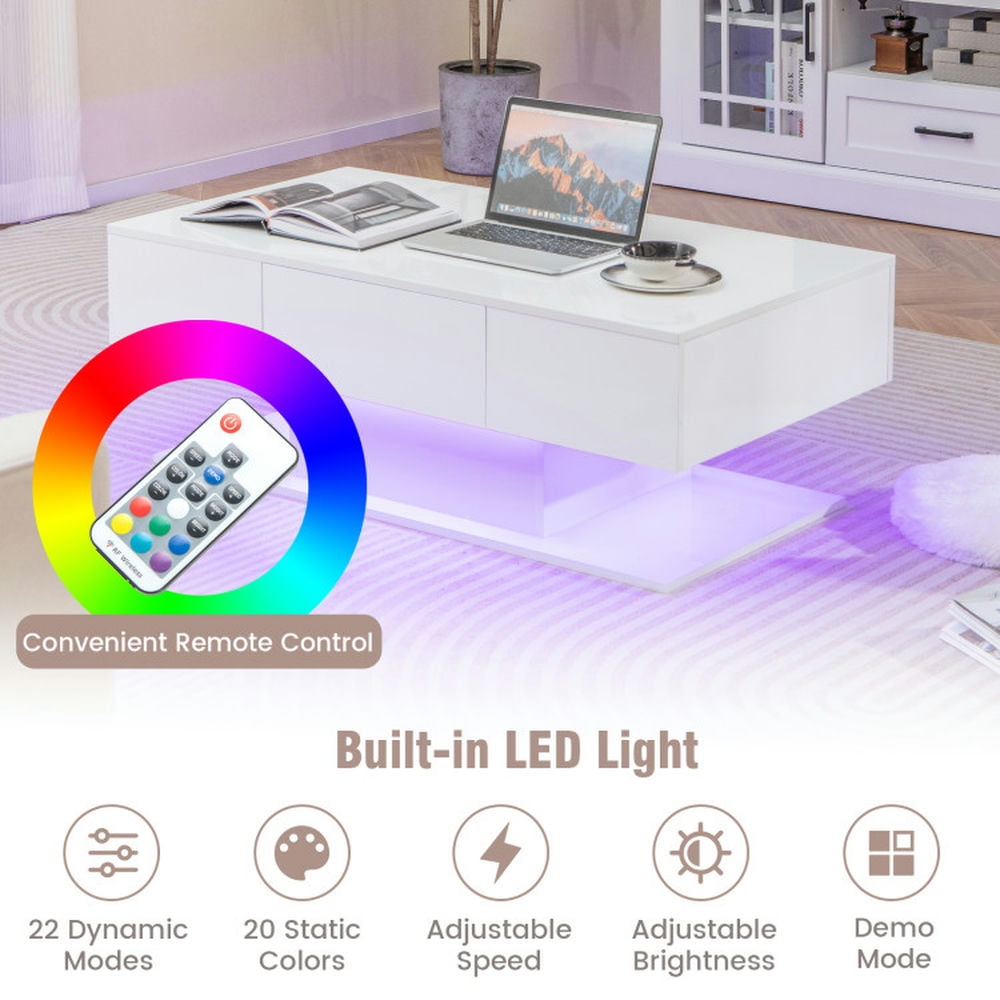 Finihen Coffee Table, LED Coffee Table, Modern LED Coffee Table with 20 Color LED Lights and 2 Storage Drawers, for Living Room, Reception Room, White Finihen Coffee Table, LED Coffee Table, Modern LED Coffee Table with 20 Color LED Lights and 2 Storage Drawers, for Living Room, Reception Room, White
