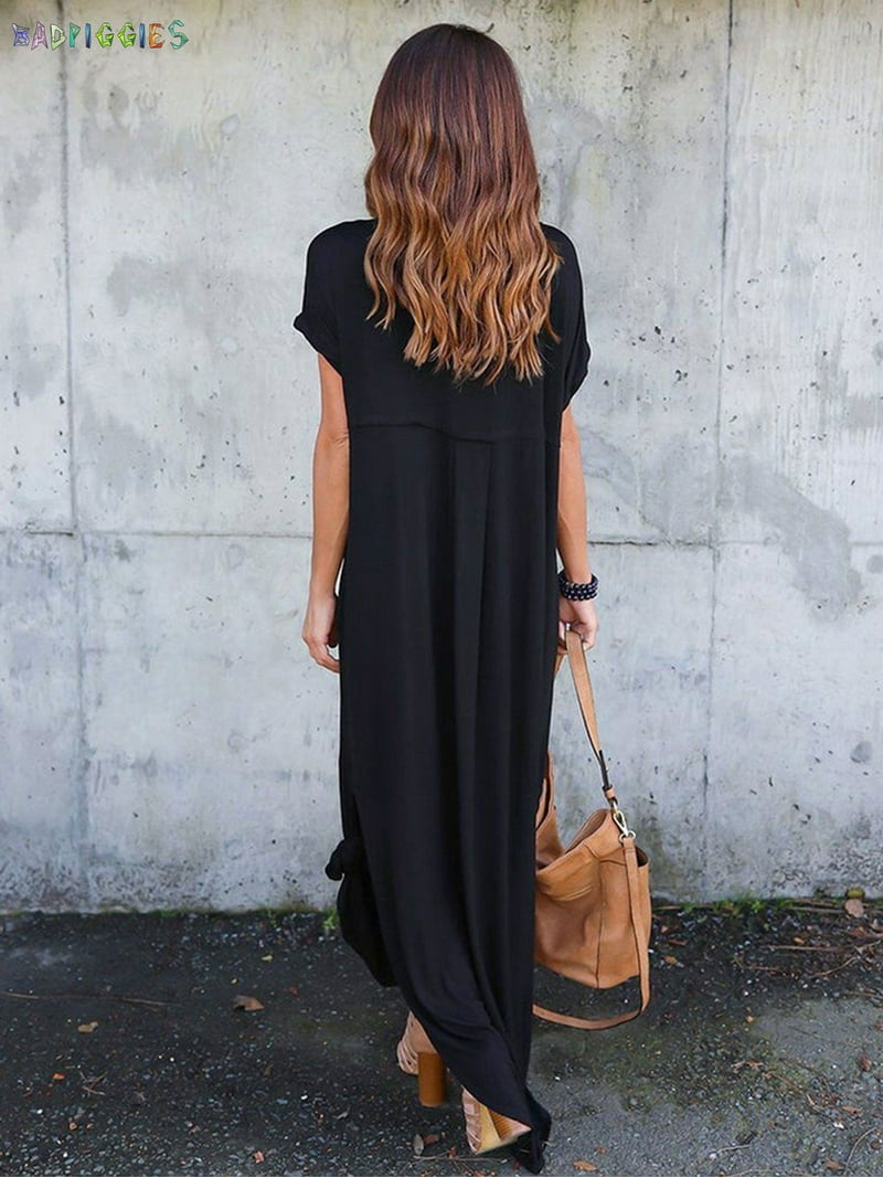 BadPiggies V Neck Summer T-Shirt Dress, Short Sleeve, Loose Maxi