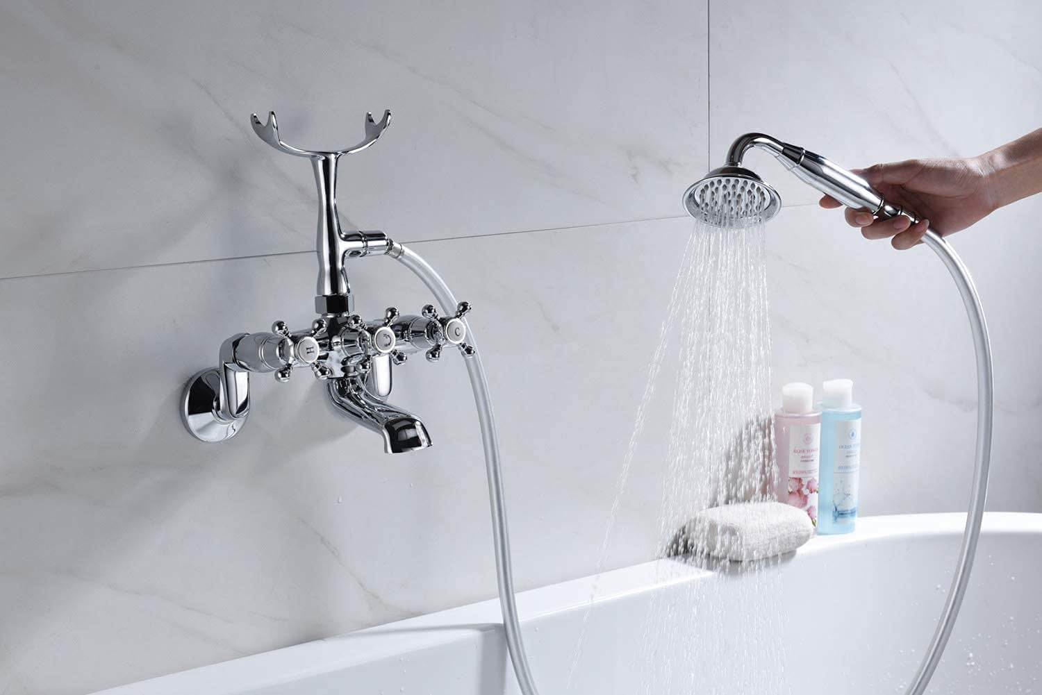 Sumerain Clawfoot Tub Faucet,3-Inch to 9-Inch Wall Mount Tub Faucets with Hand Shower Chrome Finish