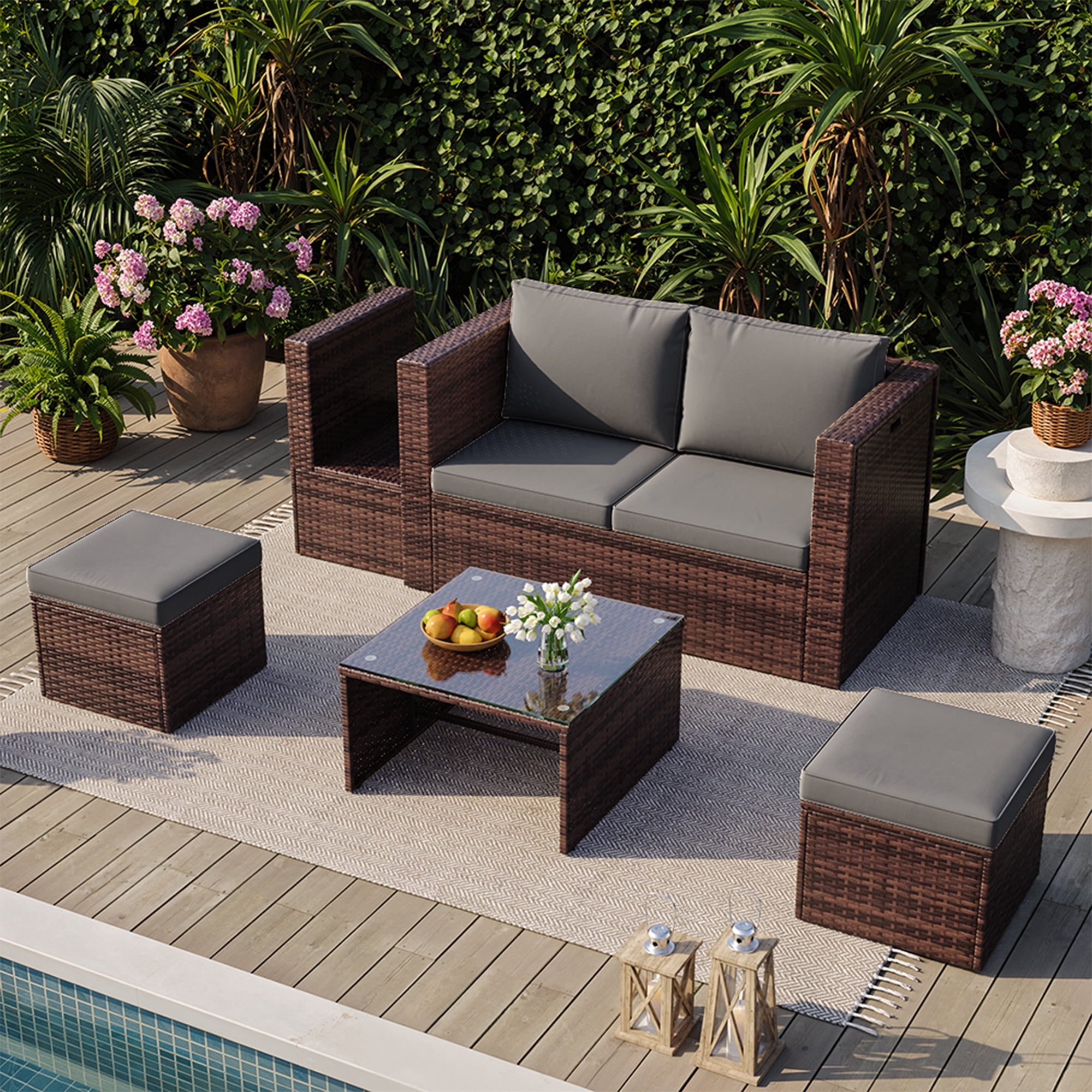 POTEBAN 6-Piece Space-Saving Patio Furniture Set, All Weather Brown Wicker Rattan Sectional Sofa with 2 Ottomans, Outdoor Conversation Set for Garden, Backyard, Gray Cushions
