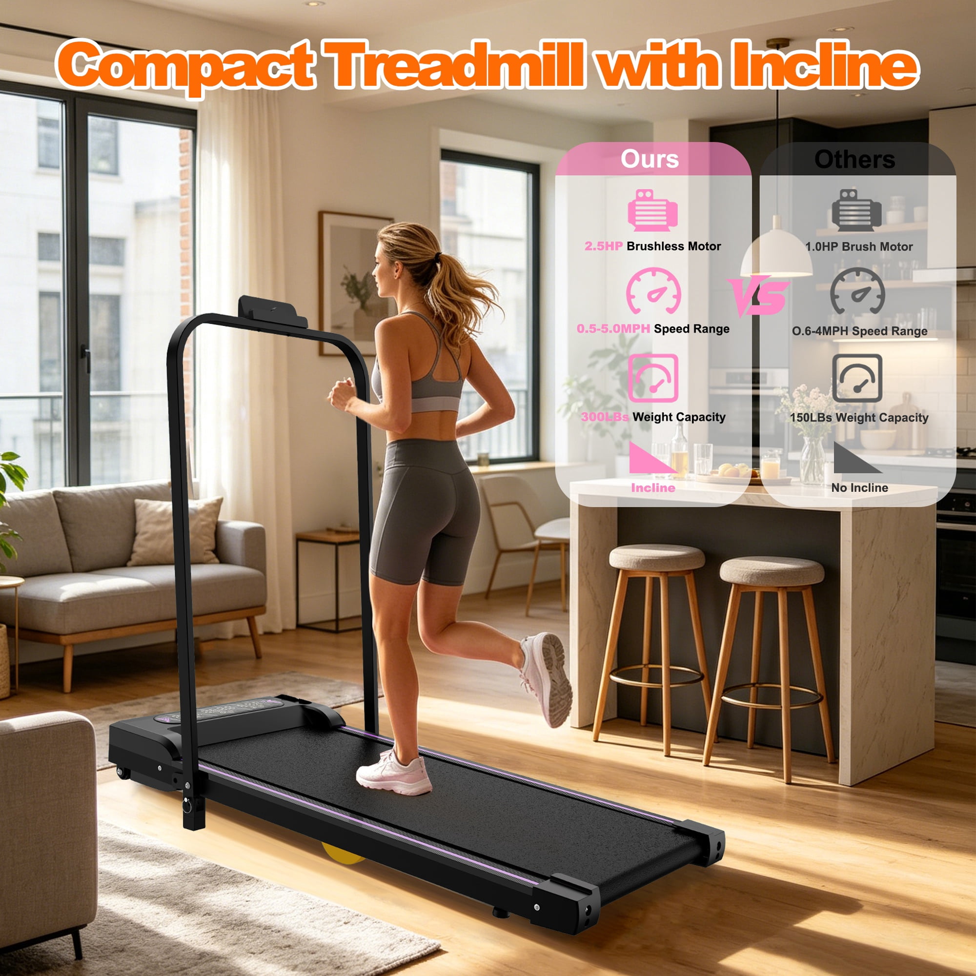 Kdymod Walking Pad Treadmill for Home with Handle Bar & Incline，Foldable Under Desk Treadmills with Remote,Walking Treadmill Jogging Machine for Home Office,Black