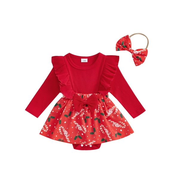 FeMereina Baby Girls Christmas Romper Candy Cane Print Long Sleeve Jumpsuits and Cute Headband Set for Toddler 2 Piece Outfits