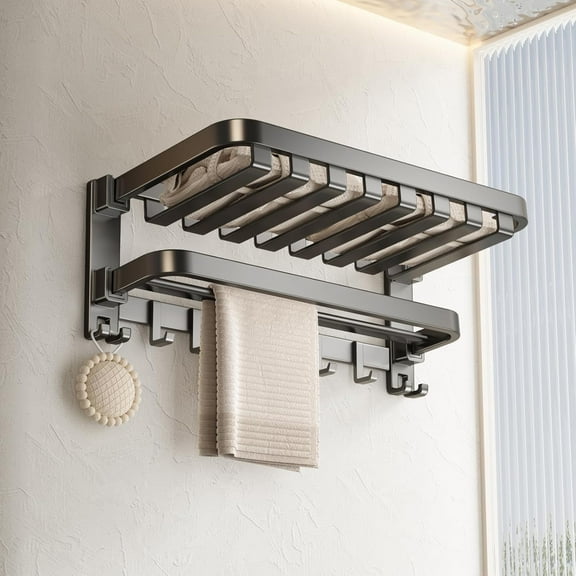 Bathroom Towel Rack with Double Towel Bar Foldable Towel Shelf Wall Mounted Towel Storage with Hooks No Assembly Required 24Inch Matte Grey