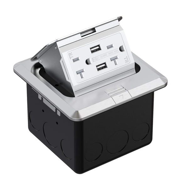 WEBANG Caja de cubiertas para tomacorriente de piso emergente con tomacorriente USB TR de acero inoxidable de 20 amperios, 1 paquete plateado