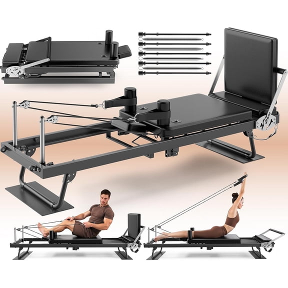 Foldable Pilates Reformer Machine With Springs, Home Workout Power Fitness Equipment, Adjustable Core Training Exercise System With Jumpboard Wheels, Black, 1 Piece