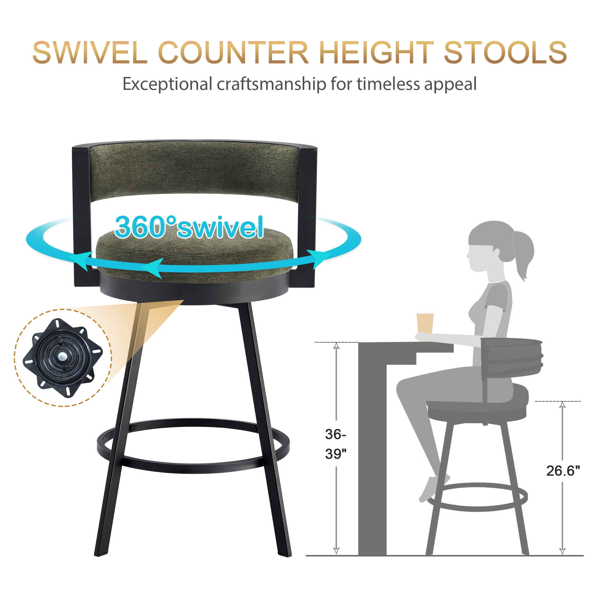 Zesthouse 26.6″ Swivel Bar Stools Set of 2, Linen Upholstered Counter Stools with Barrel Back and Metal Legs, Modern Counter Height Barstools for Kitchen Island, Green