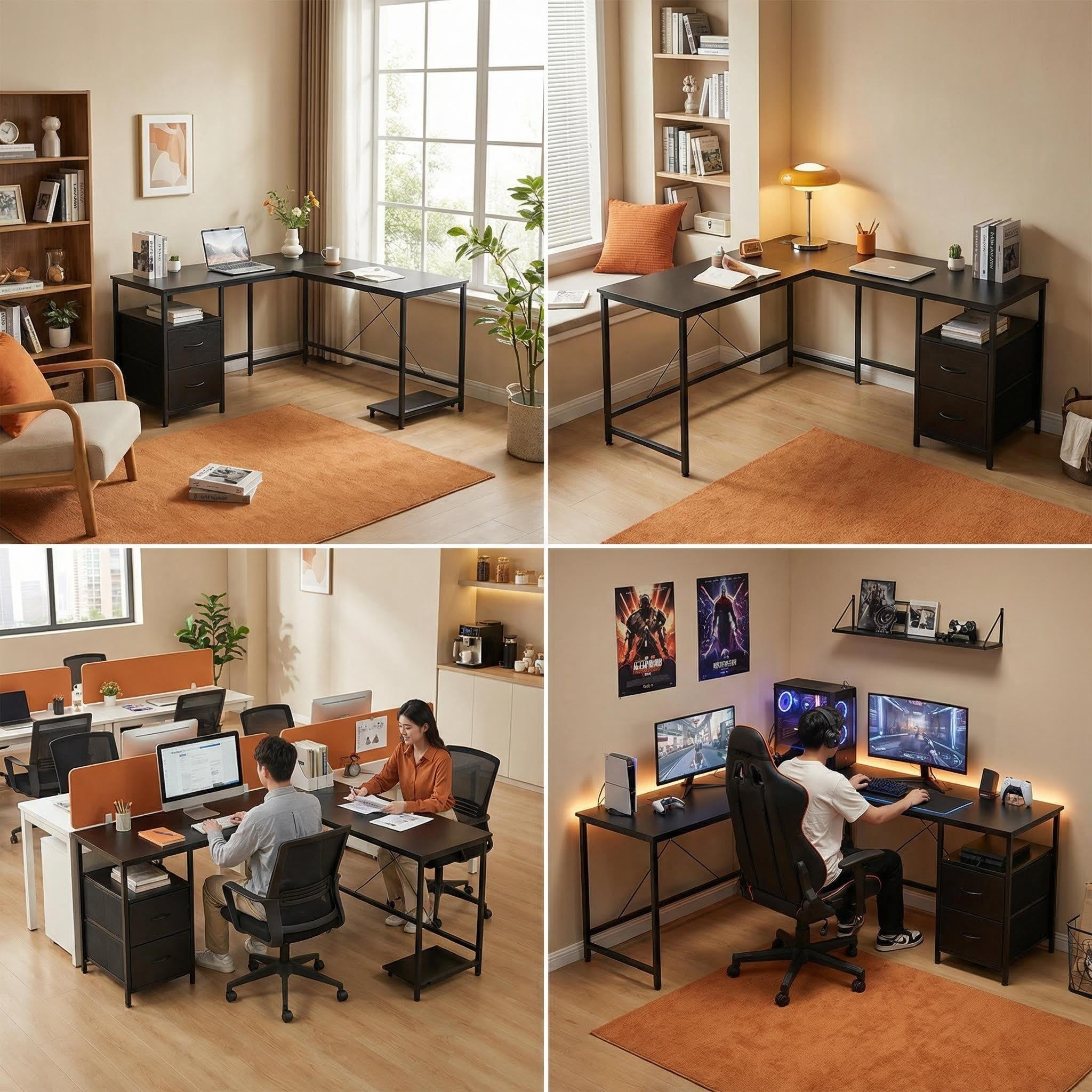 Desk, Lofka 66 Inch L Shaped Home Office Desk with 2 Drawers and Charging Station, Black
