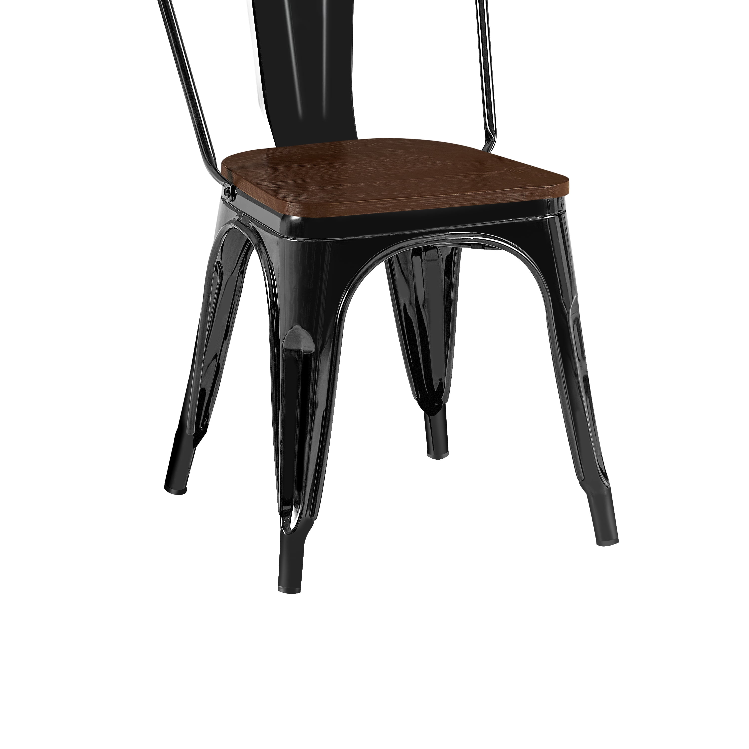 High Gloss Black with Walnut Wooden Seat Industrial Metal Dining Chairs 18 Inch Seat Height Stackable, Set of 2