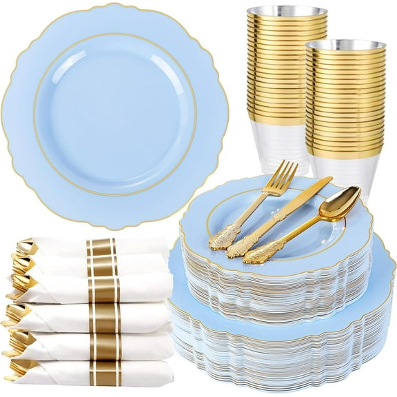 350PCS Bule Plastic Plates - Disposable Bule and Gold Plates 50guest Baroque Plastic Dinnerware include 100Plates, 50Pack Pre Rolled Napkins with Silverware 50Cups for Wedding&Mother's Day
