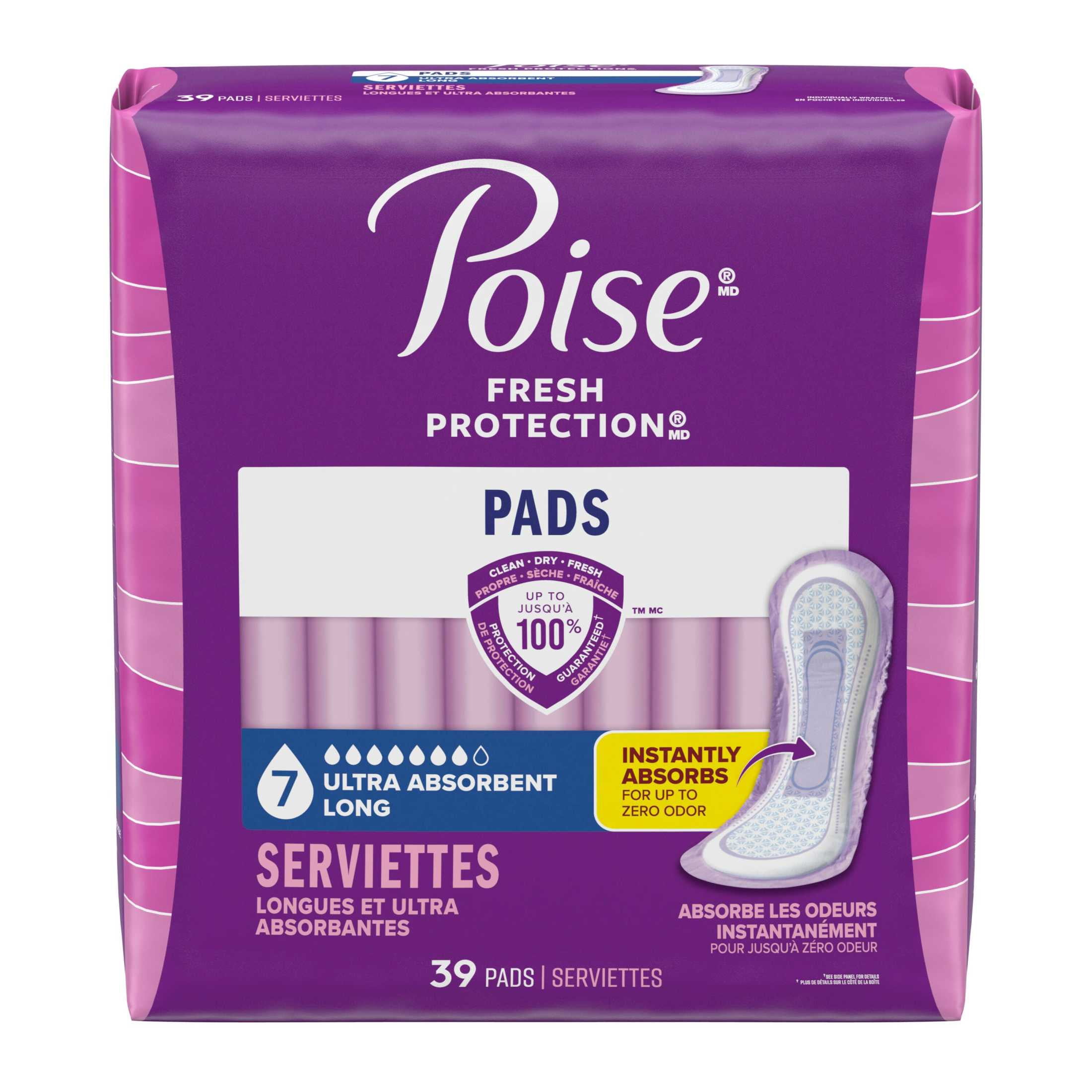 Poise Incontinence & Postpartum Pads for Bladder Leaks, 7 Drop Ultra Absorbency, Long Length, 39 Count