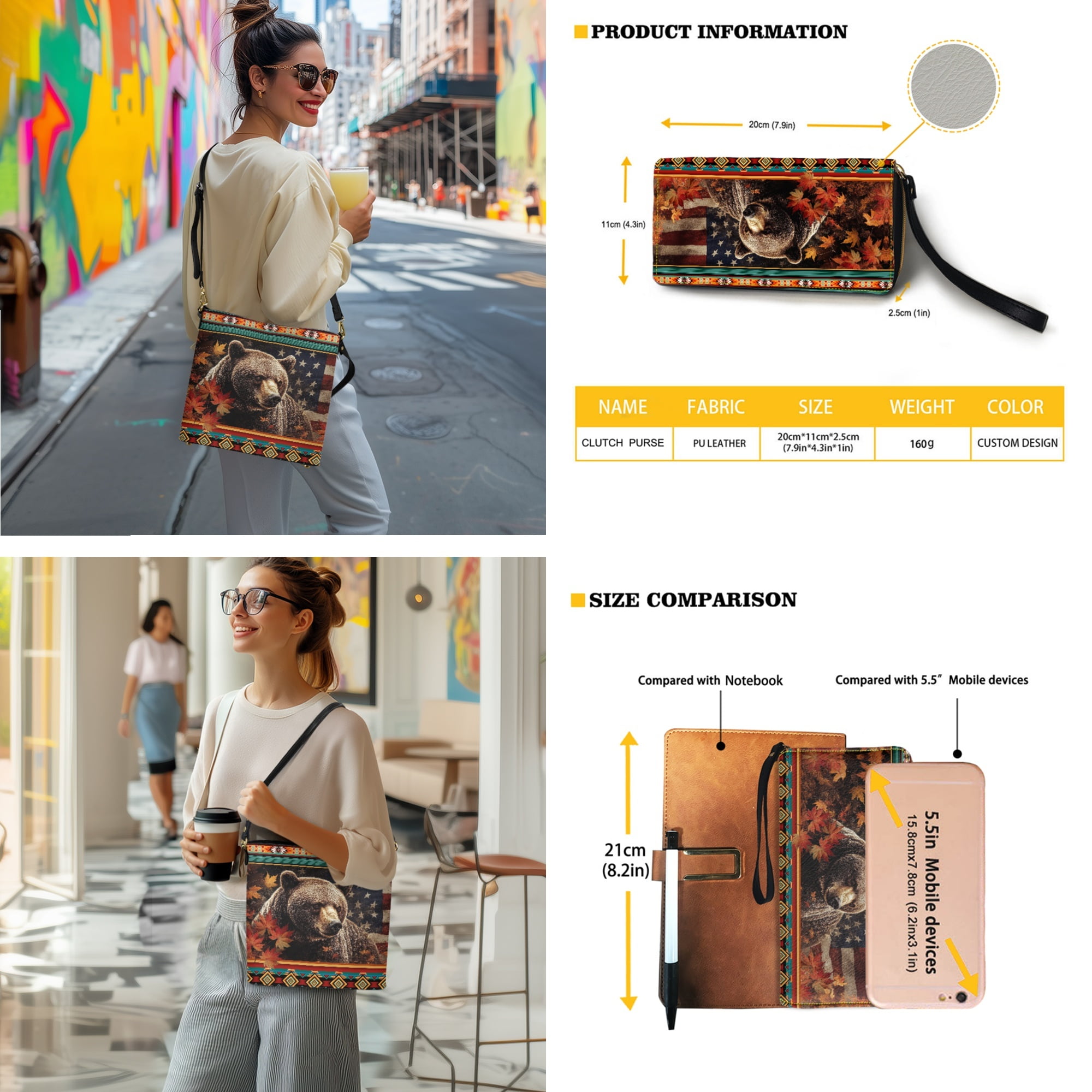 ZUXONGSY Bear American Flag Maple Leaf Print Shoulder Bag with Leather Wallet for Women Lightweight Leather Crossbody Handbag with Wrist Wallet Large Bucket Crossbody Bag Set for Working