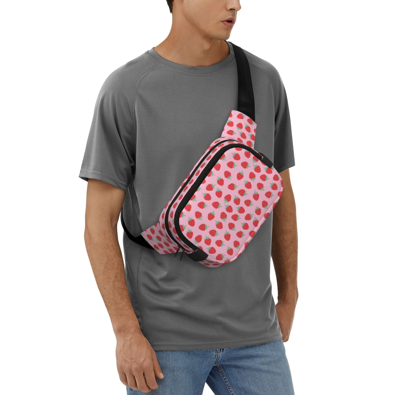 Picia Hand Drawn Strawberry Print Square Double-Layer Waist Bag Mini Adjustable Waist Belt Bag Exercise Running Travel Hiking