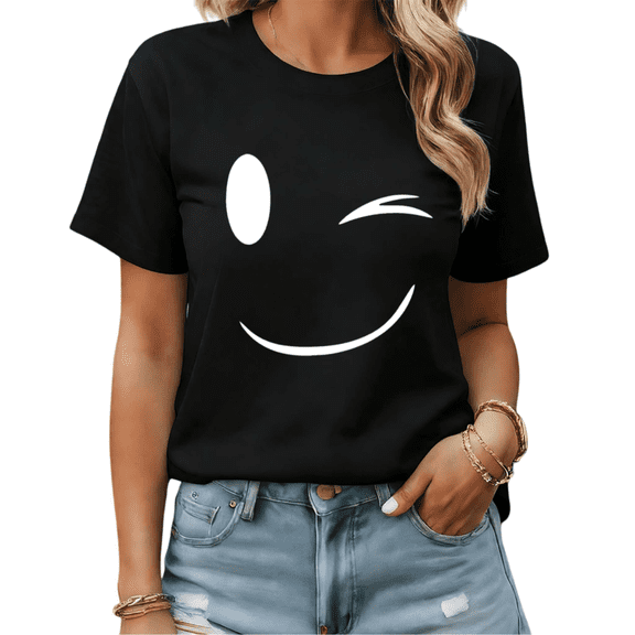 Winking Smiley Face Graphic Tees Womans T-shirt Black/White S-5XL Shirts Cute Casual Tops