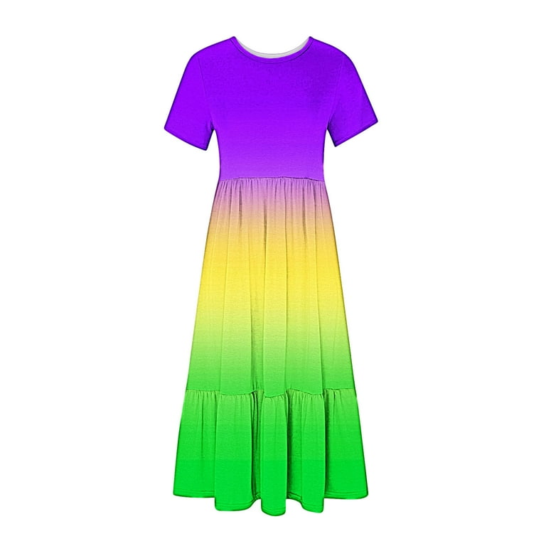 carnival maxi dress 2024 Summer Maxi Dress for Women Fashion Plus Szie Mardi Gras Printed Carnival Short Sleeve Crewneck Dress Casual Flowy Tiered Maxi Beach Dress With
