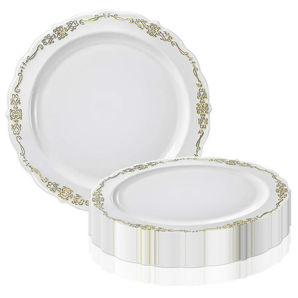 Smarty 10 White Gold Vintage Round, Round Plastic Dinner Plates