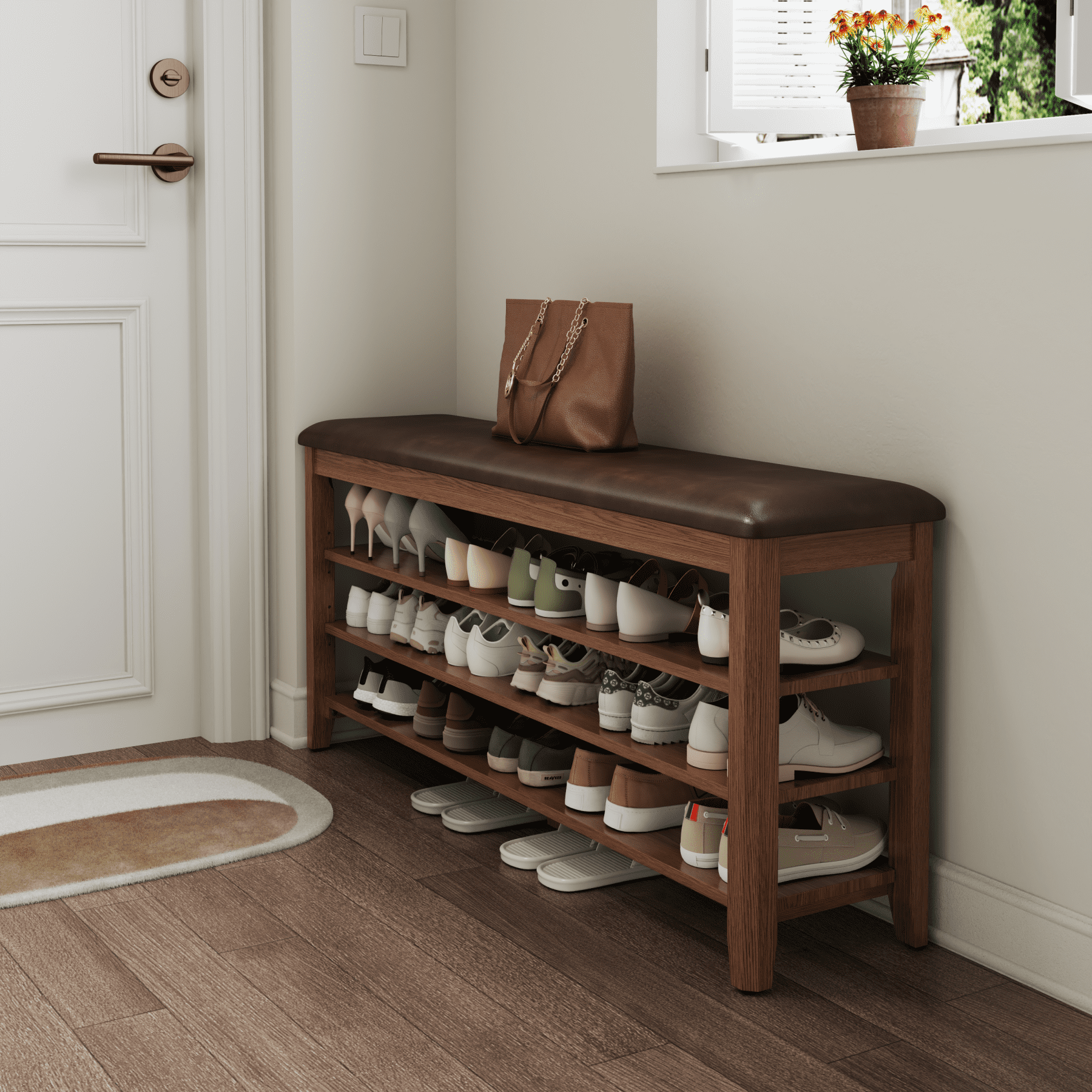 Muwuele 3-Tier Adjustable Shelves Shoe Rack with Leather Cushion, Walnut Wood