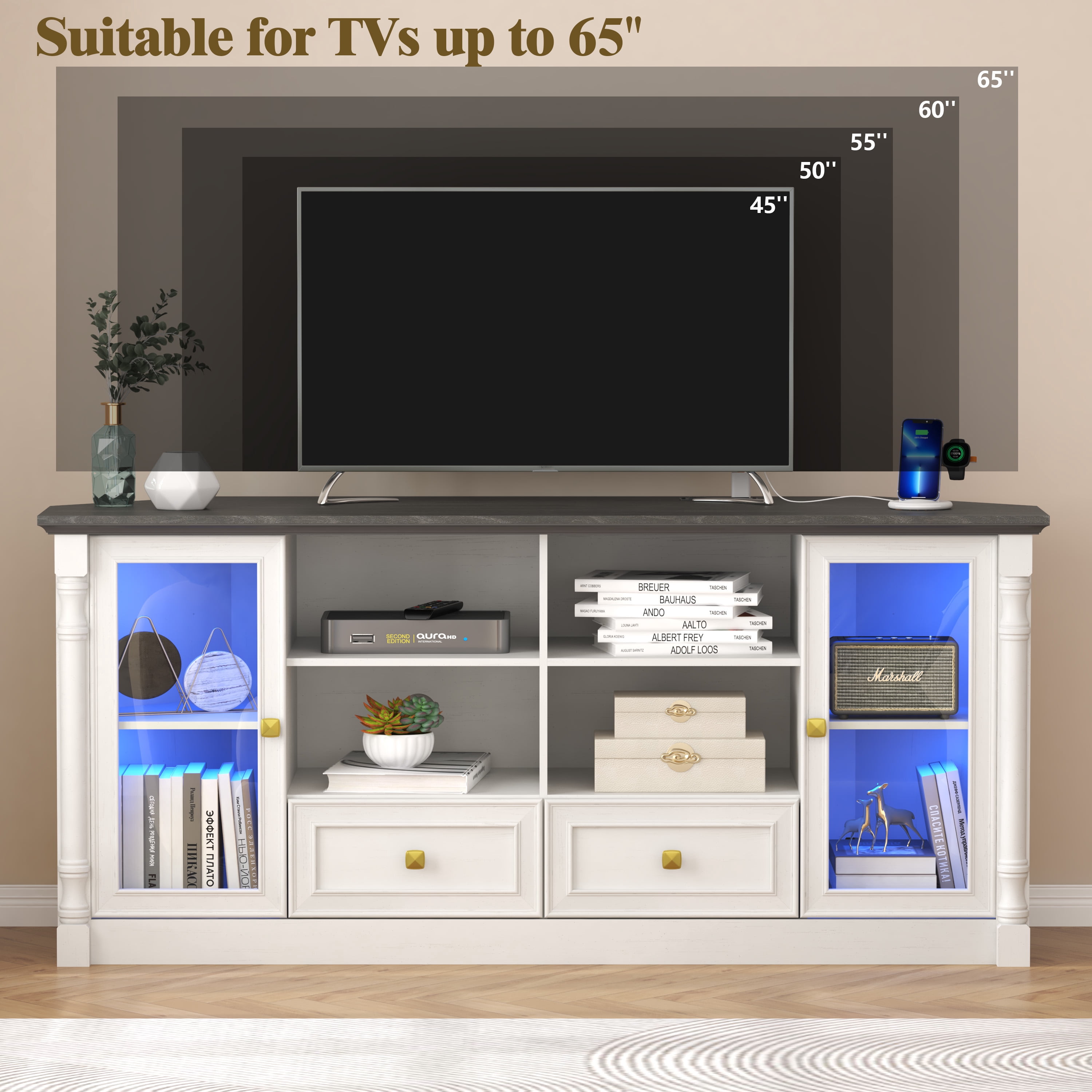 Farmhouse TV Stand for 55 60 65 Inch TVs, Corner Entertainment Center with 2 Storage Drawers and 2 Display Cabinet & Power Outlet and LED Lights, Wood TV Console Table for Living Room, Bedroom, White