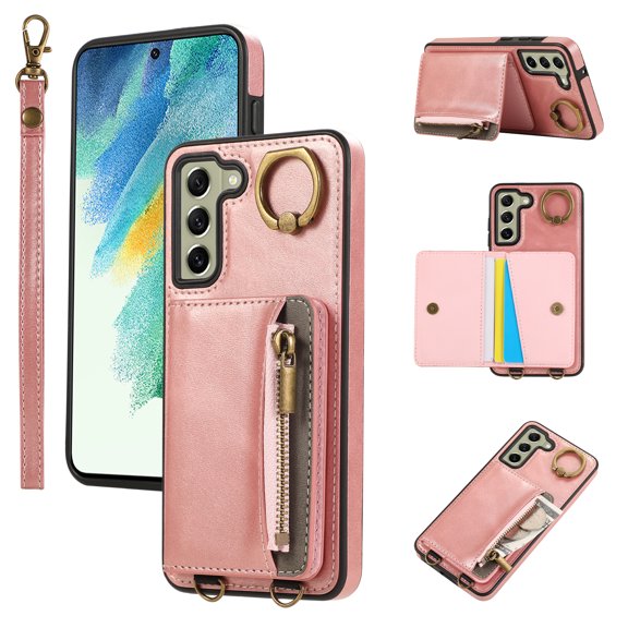 ELEHOLD Case for Samsung Galaxy S21 FE, Zipper Leather Wallet Case with Card Holder Stand,Pink