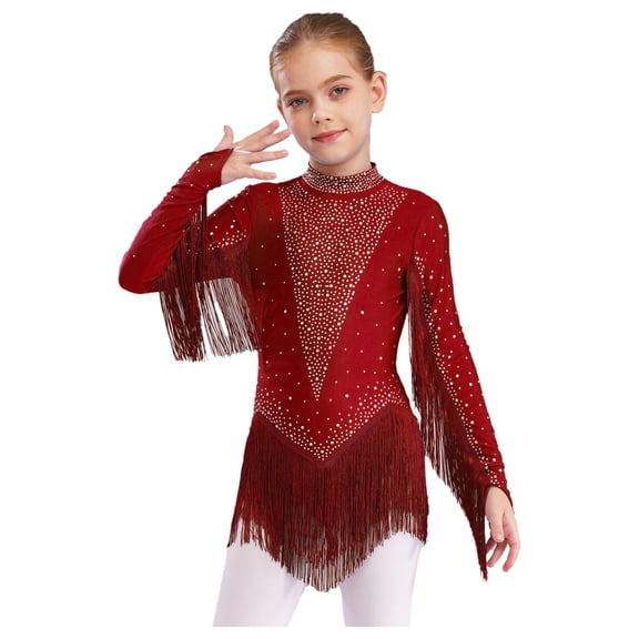 inlzdz Girls Sparkly Tassel Latin Dance Leotard Long Sleeve Cutout Back Fringe Ballet Bodysuit Dancewear Burgundy 12