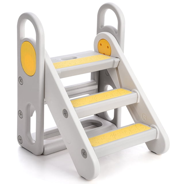 Foldable Step Stool for Bathroom Sink, Toddler Adjustable 3 Steps Stool with Handles, Kids Step Stool for Kitchen Counter, Toilet Potty Training, Anti-Skip Nursery Stepping Ladder Standing