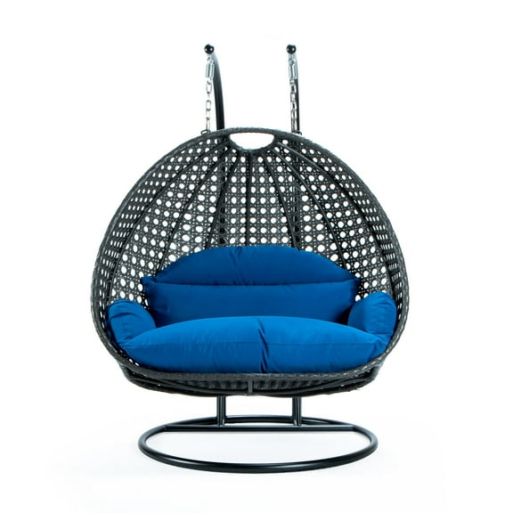 LeisureMod 2 Person Wicker Egg Chair Outdoor Indoor Bedroom Patio Hanging Lounge Swing Hammock Chairs with Black Stand and UV Resistant Cushions (Blue)