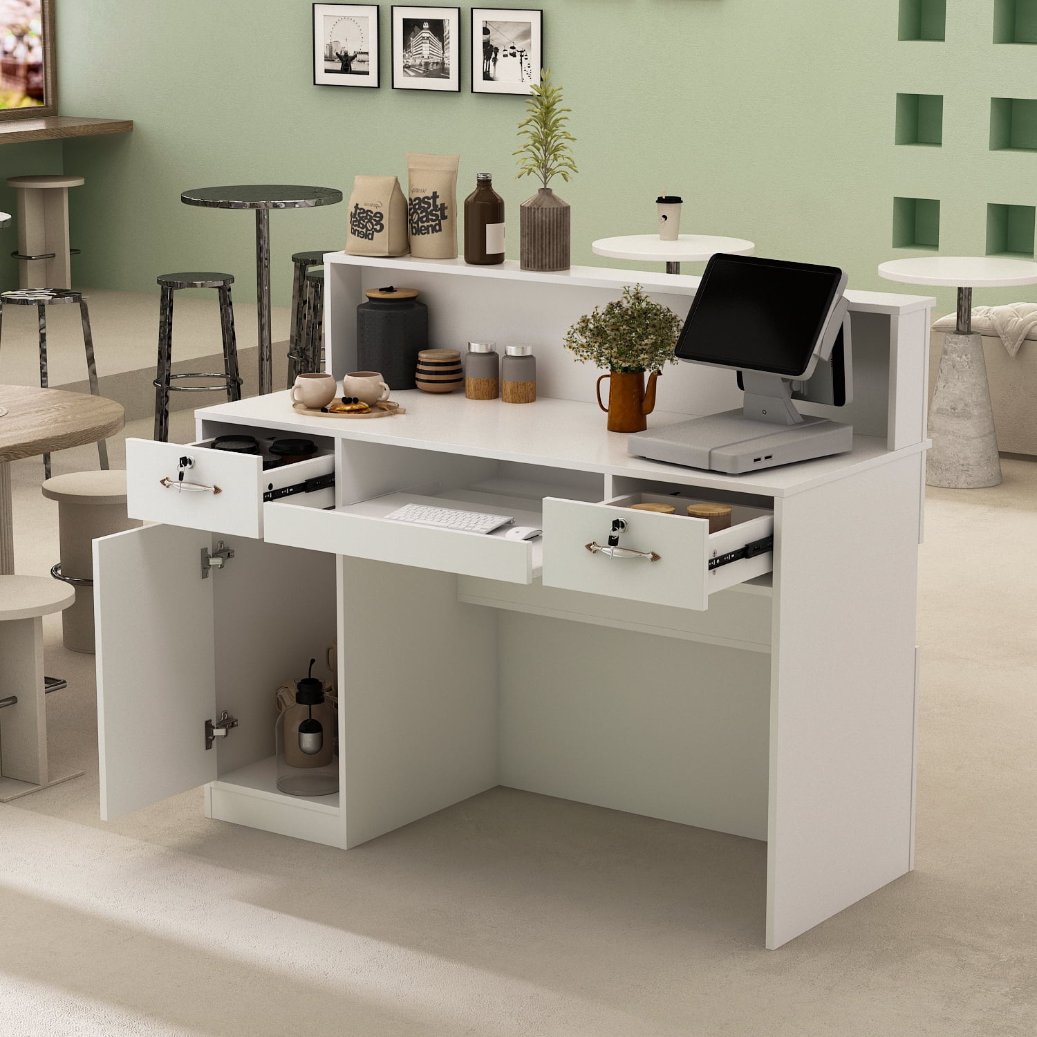 OXYLIFE Reception Desk Front Desk with Keyboard Tray and Lockable Drawer for Office Boutique Lobby