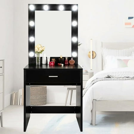 Makeup Vanity Dressing Table Dresser Desk with 10 Lights Mirror for Bedroom, Black (10 Cool White LED