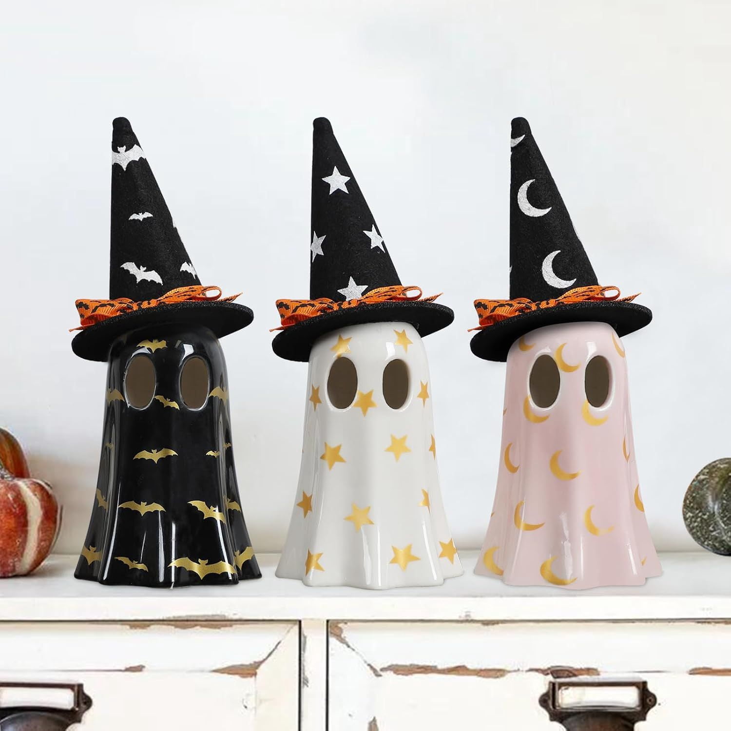Set of 3 Ceramic Ghost Figurines with Witch Hats for Halloween Table Decor