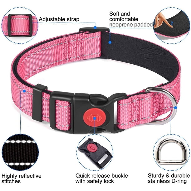 Collar para perro, collar clásico ajustable de nailon reflectante con acolchado de malla suave y transpirable para perros pequeños, talla M, rosa brillante