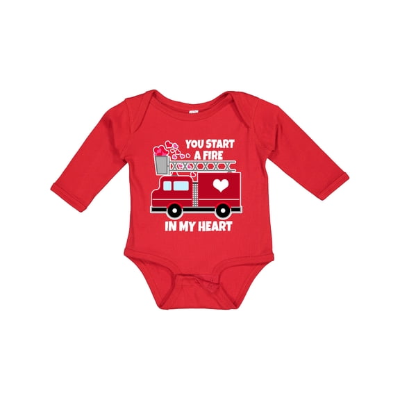 Inktastic Valentine Fire Truck White and Pink Hearts Boys or Girls Long Sleeve Baby Bodysuit