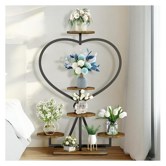 5 Tier Plant Stand Indoor Heart Shaped - Metal Plant Shelf with Hook - Multi Plant Display for Home, Living Room, Balcony, Patio, Lawn - Industrial Flower Rack