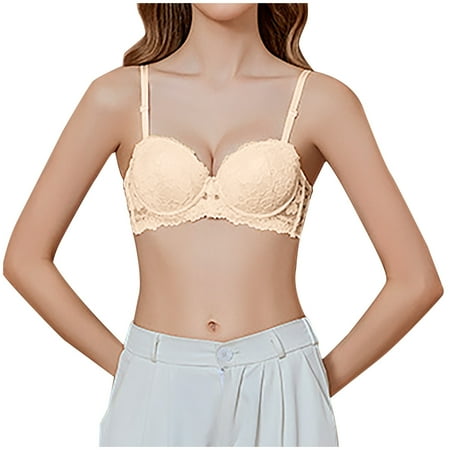 No Show Bras for Women Push up Lightly Lined Bra Feature V-Neck No Underwire Bra Style W-1544 Hook and Eye Closure Front Closure Bras Beige 36