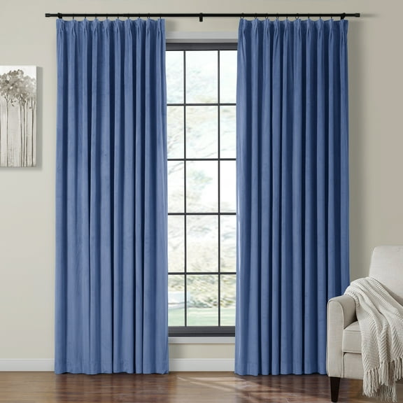 TWOPAGES Room Darkening Velvet Pinch Pleated Curtain Soft Drape for Bedroom, 1 Panel, 52"x84", Ocean Blue