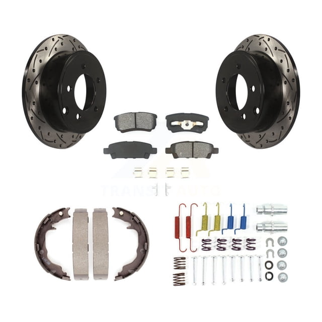 Transit Auto Rear Disc Drilled & Slotted Rotors Semi-Metallic Pads Parking Brake Shoes and Hardware Kit for Car Mitsubishi Lancer KDS-101491