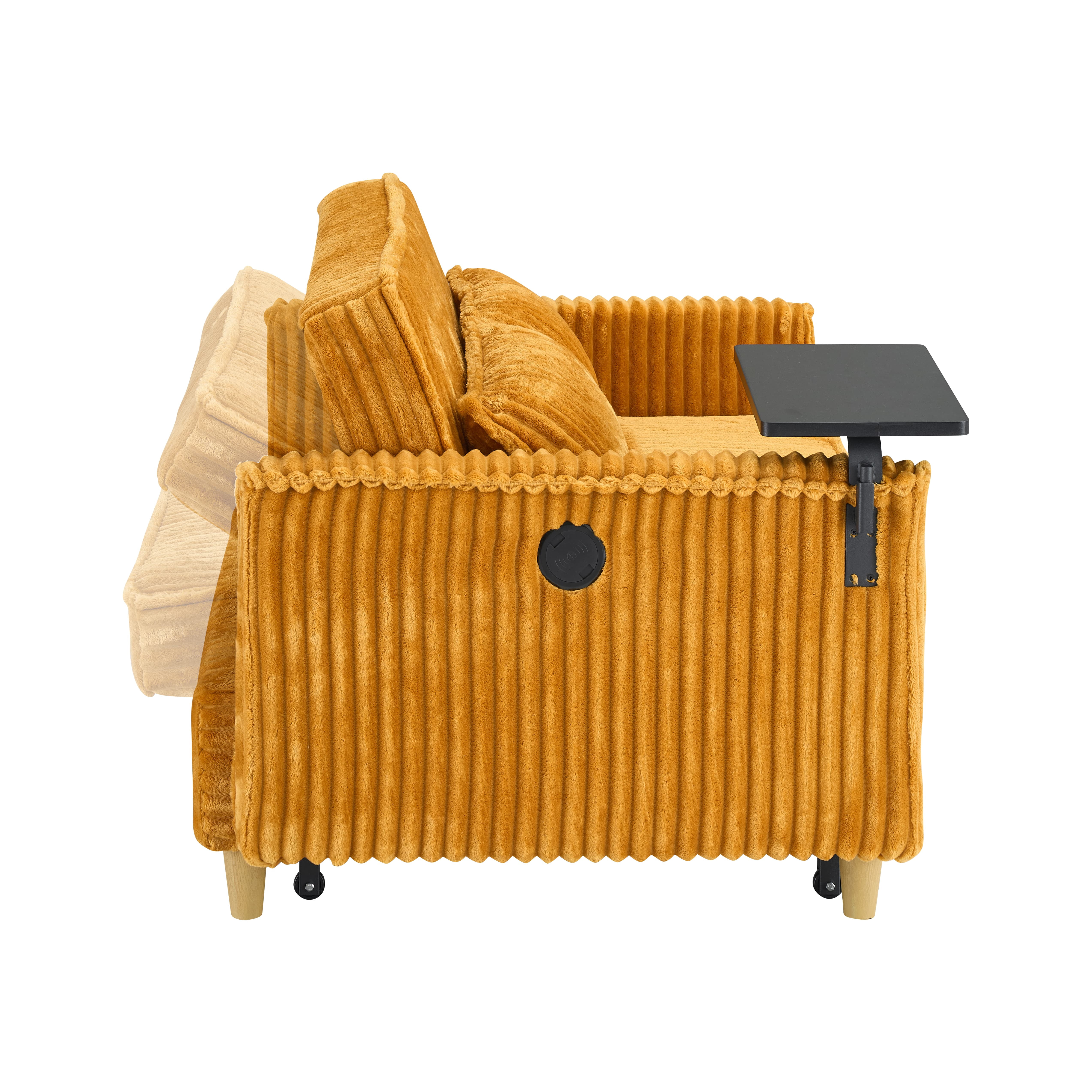 MAYEERTY 54" Pull Out Corduroy Sofa Bed with a Movable Tabletop and USB Ports, Loveseat Sleeper for Apartment, Living Room, Small Space, Yellow
